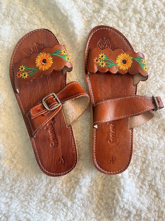 Shoes - Brown Leather Slide Sandals with Sunflower Embroidery